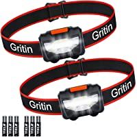 Los mejores  - Gritin Linterna Frontal LED- [2 Pack] Linterna Cabeza COB Super Brillante 3 Modos Ligera&amp-Impermeable&amp-Adjustable con 6…